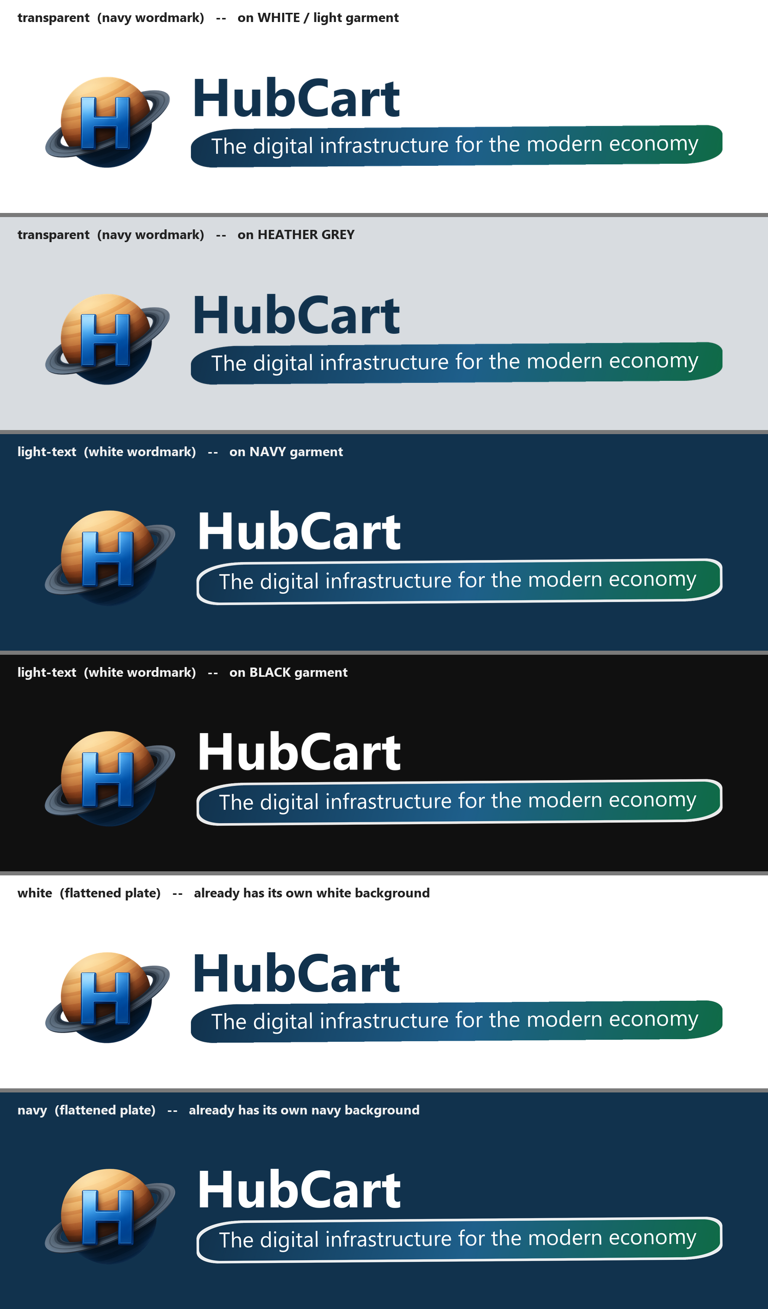 Reference sheet showing the HubCart lockup on white, heather grey, navy and black materials, with each file named.