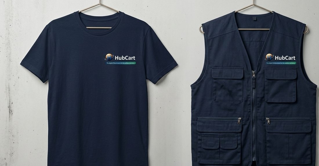A navy t-shirt and a navy work vest, each printed with the HubCart lockup on the left chest.
